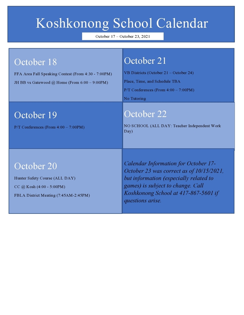Weekly Calendar Graphic in shades of blue for October 17-23, 2021.
