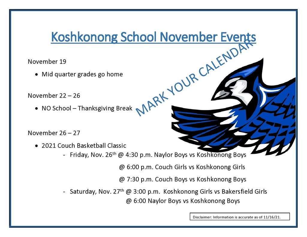 Calendar of Events November 14-27 with Blue Jay in Flight Graphic