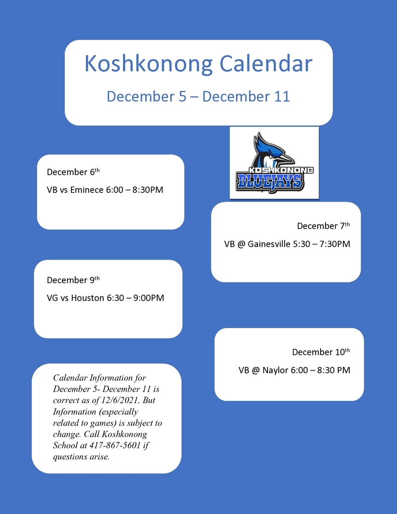 KHS Weekly Calendar December 5-11 in Blue and White with Bluejay Image.