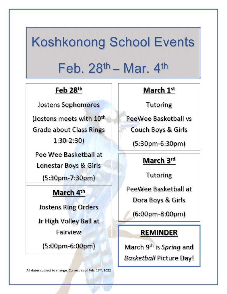 Koshkonong Schools Weekly Calendar for Feb. 28-Mar. 4 with Blue Jay on limb watermark.