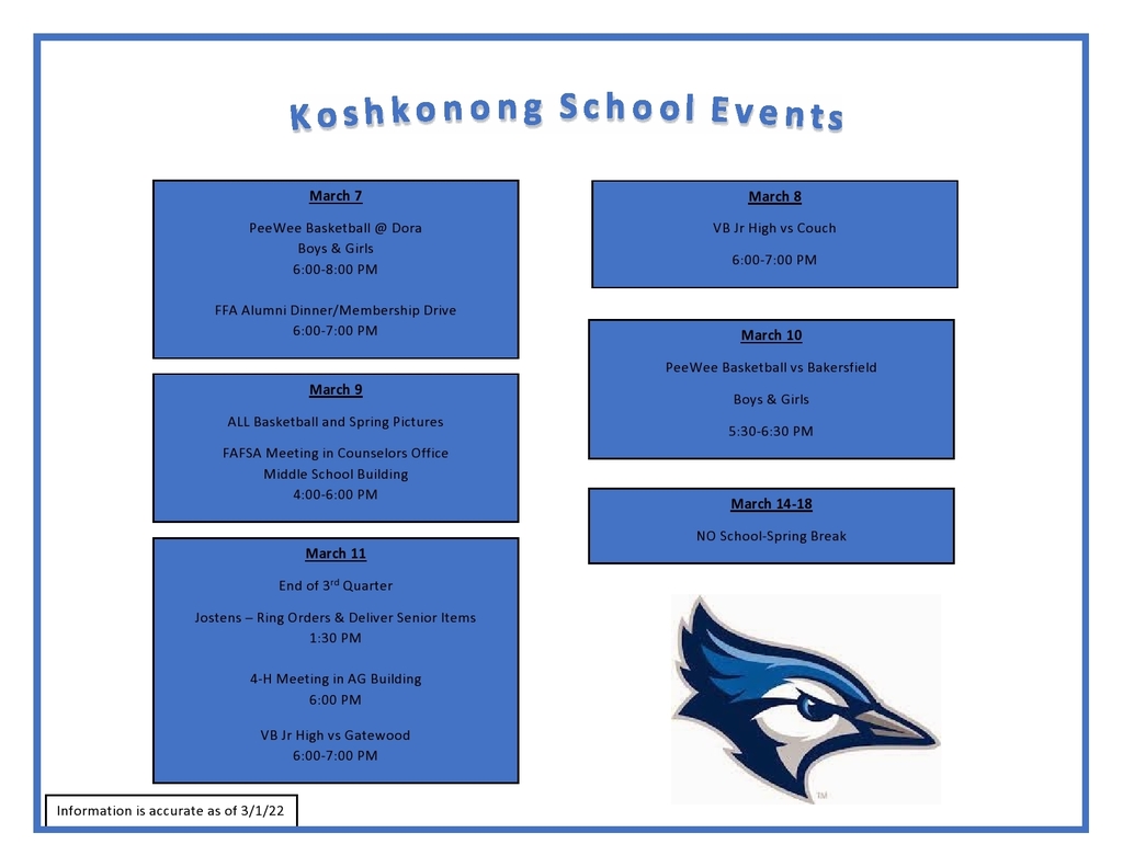 School Calendar:  March 7-18 in blue and white with image of Blue Jay.