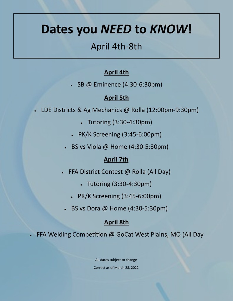 Koshkonong Schools Weekly Calendar for April 4-8 with Blue background.