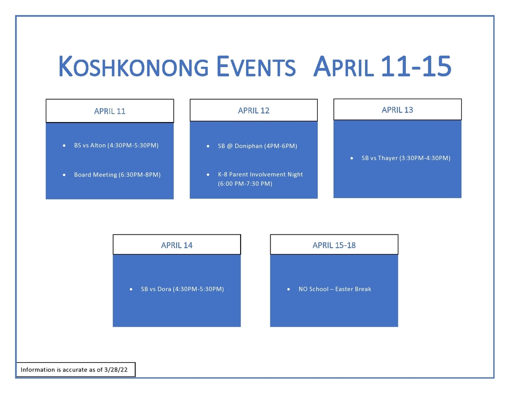 Koshkonong Schools Weekly Calendar for April 11-18 - white background with blue textboxes for days of the week.