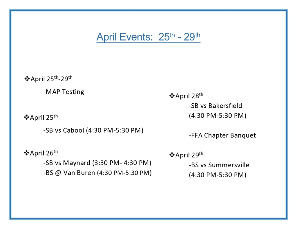 Weekly Calendar for April 25th-29th with blue border.