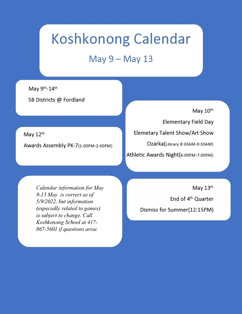 Weekly Calendar for May 8-13 with white text boxes on a blue background.